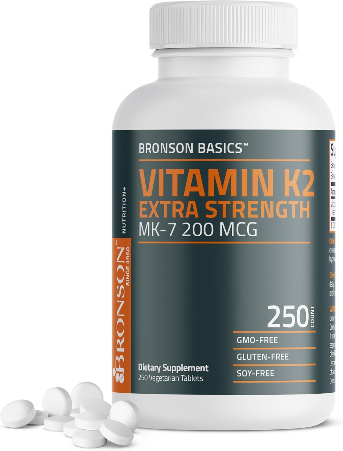 Bronson Vitamin K2 Mk-7 200Mcg Extra Strength, 250 Vegetarian Tablets