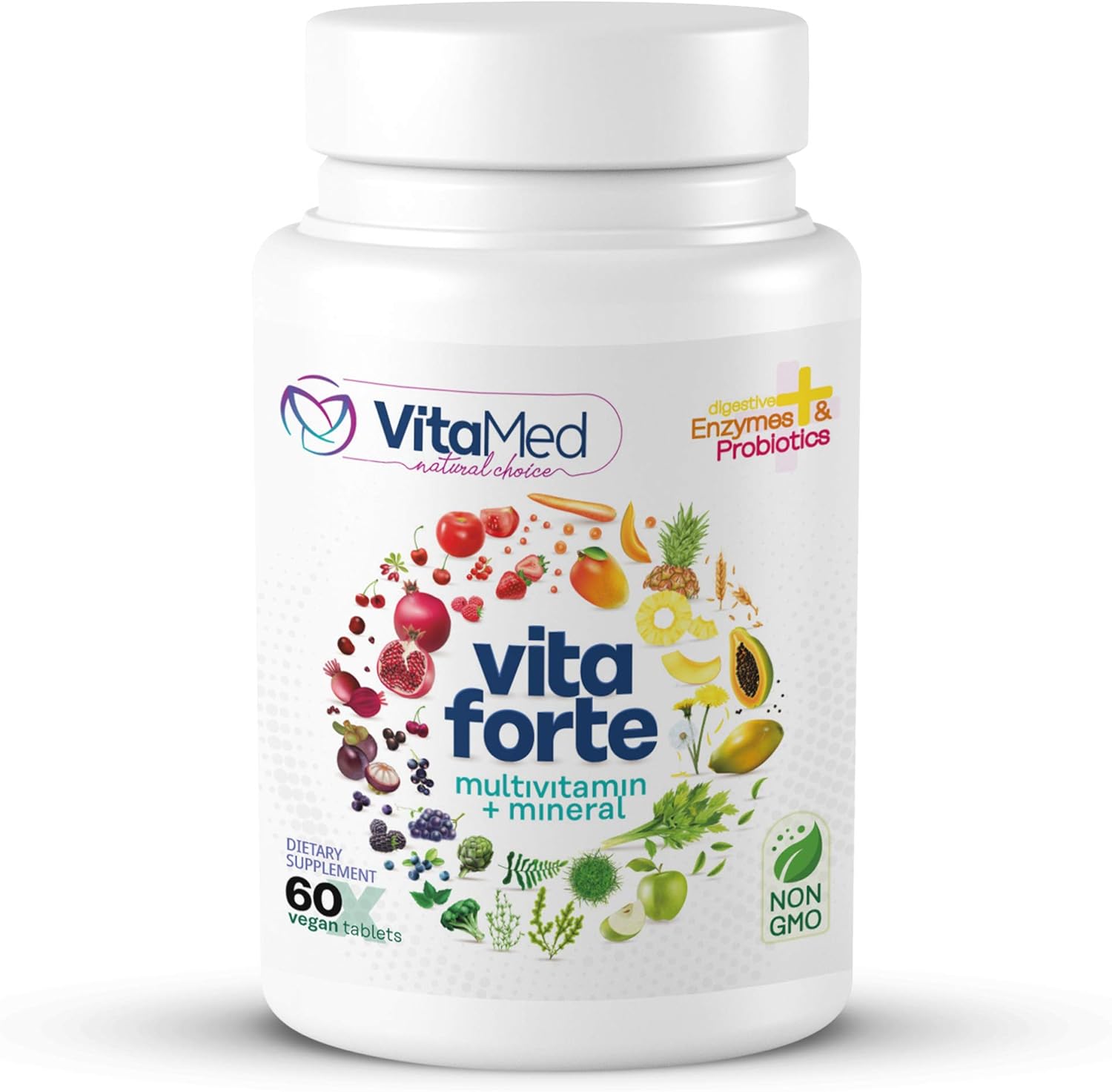Vita Forte Vegan Multivitamin With Probiotics, Digestive Enzymes & 42 Fruits & Vegetables – Halal Certified, Non-Gmo, Gluten-Free, Daily Energy & Immune Support – 180 Vegan Tablets