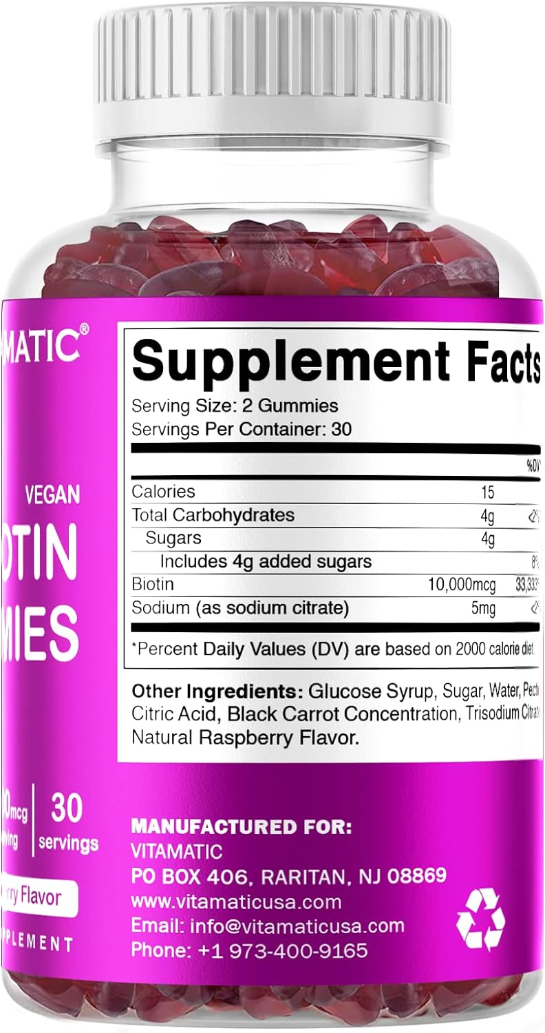 Vitamatic Biotin Gummies 10,000 mcg for Stronger Hair, Skin & Nails - 60 Vegan Gummies - Also Called Vitamin B7 (1 Bottle) : Health & Household