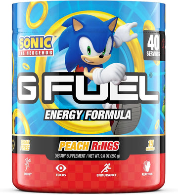 G Fuel Sonic Energy Powder, Sugar Free, Clean Caffeine Focus Supplement, Water Mix, Peach Ring Candy Flavor, Focus Amino, Vitamin + Antioxidants Blend - 9.8 Oz (40 Servings)