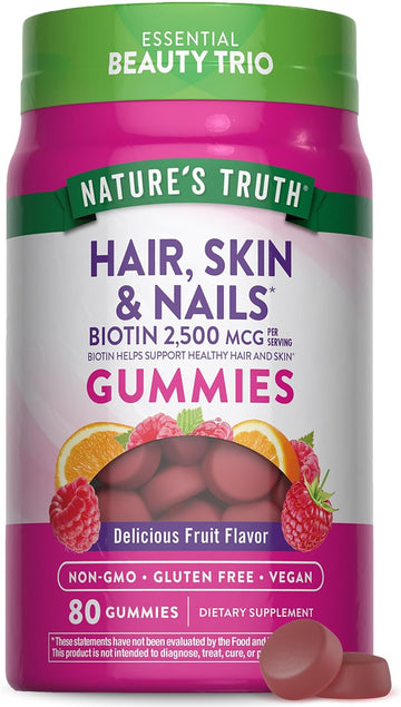 Hair Skin And Nails Gummies | 80 Count | 2500Mcg Of Biotin | Vegan, Non-Gmo, Gluten Free Supplement | Vitamin For Women & Men | By Nature'S Truth