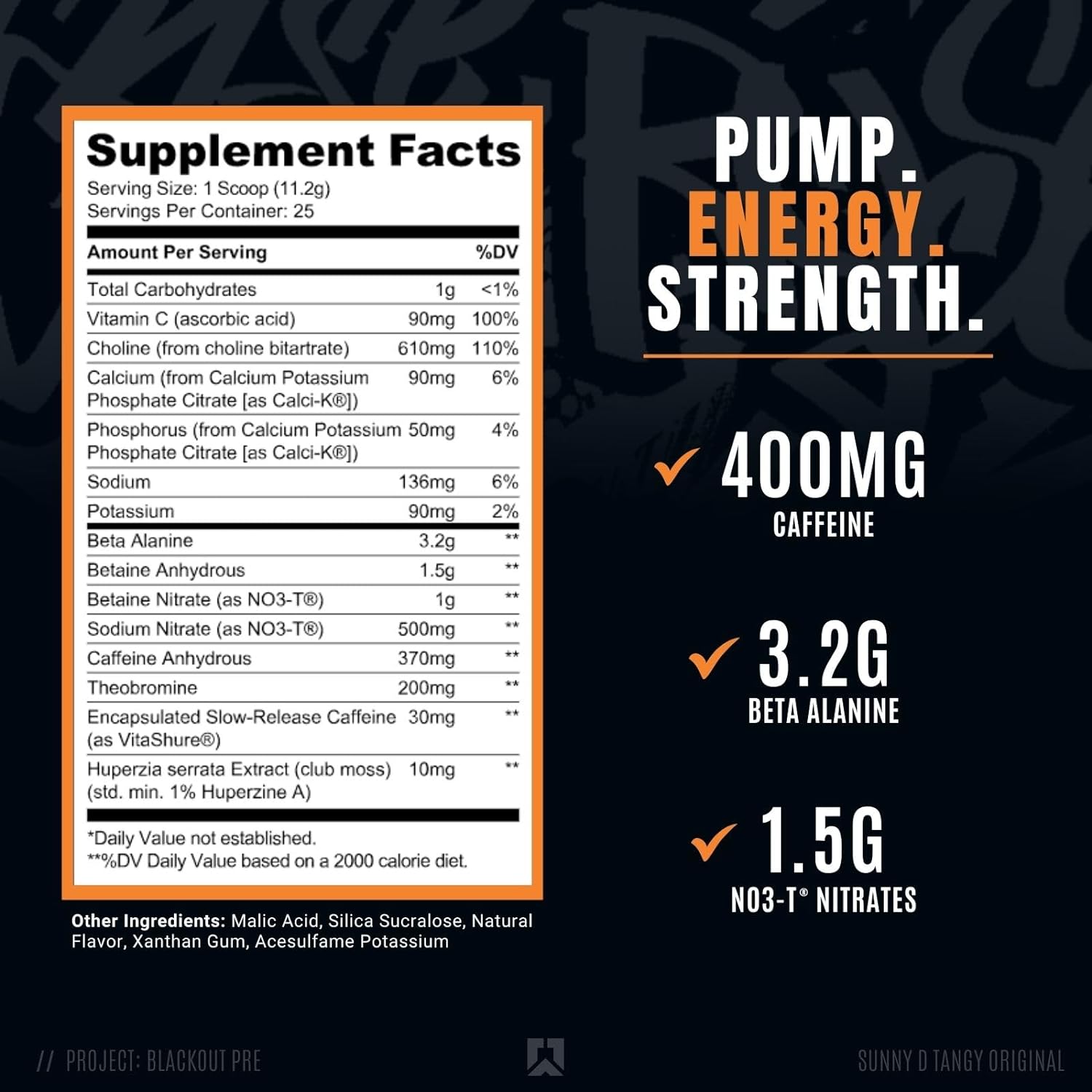 RYSE Up Supplements Project Blackout Pre Workout | Pump, Energy, Strength | Caffeine, Vitacholine, Nitrates, and Theobromine | 25 Servings (Sunny D Tangy Original) : Health & Household