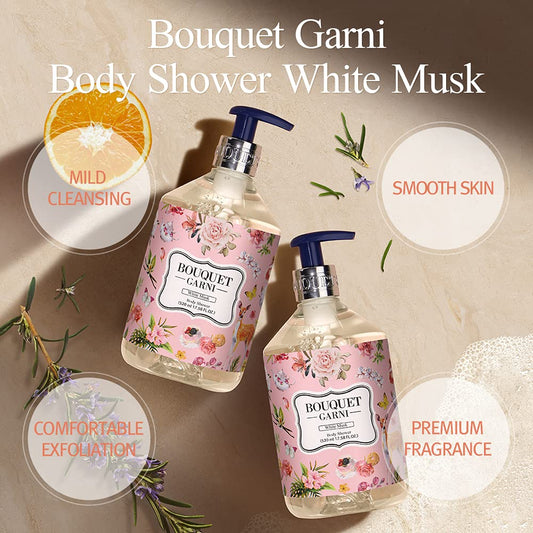 Bouquet Garni Body Shower White Musk Fragrance - Gentle Cleaning, Skin Care, Long-Lasting Fragrance (Containing Lotus Extract) - 17.6 Oz