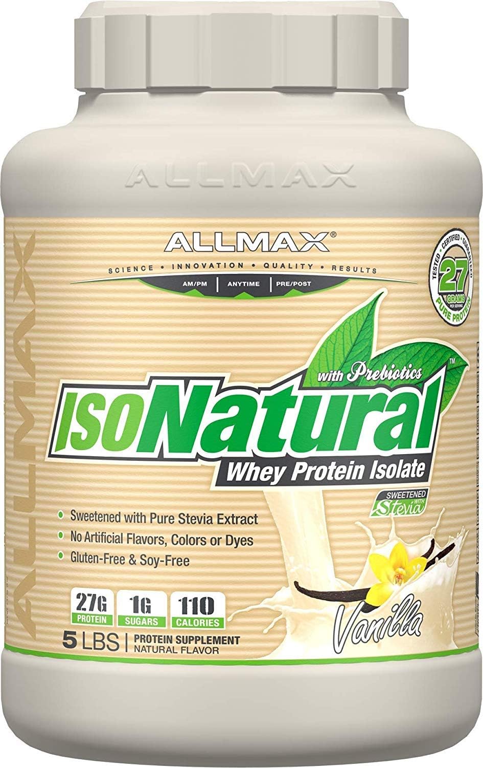 Allmax Isonatural Whey Protein Isolate, Vanilla - 5 Lb - 27 Grams Of Protein Per Scoop - Zero Fat & Sugar - 99% Lactose Free - With Prebiotics - No Artificial Flavors - Approx. 73 Servings