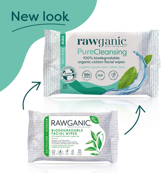 RAWGANIC Pure Cleansing Refreshing Facial Wipes with Aloe Vera and Green Tea | Gentle Soothing Biodegradable Makeup Removal Organic Cotton Wipes | 4 Packs (100 wipes in total)