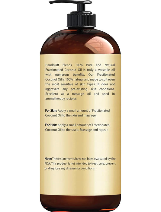 Handcraft Blends Fractionated Coconut Oil - 16 Fl Oz - 100% Pure And Natural - Premium Grade Oil For Skin And Hair - Carrier Oil - Hair And Body Oil - Massage Oil - Hair Tonic