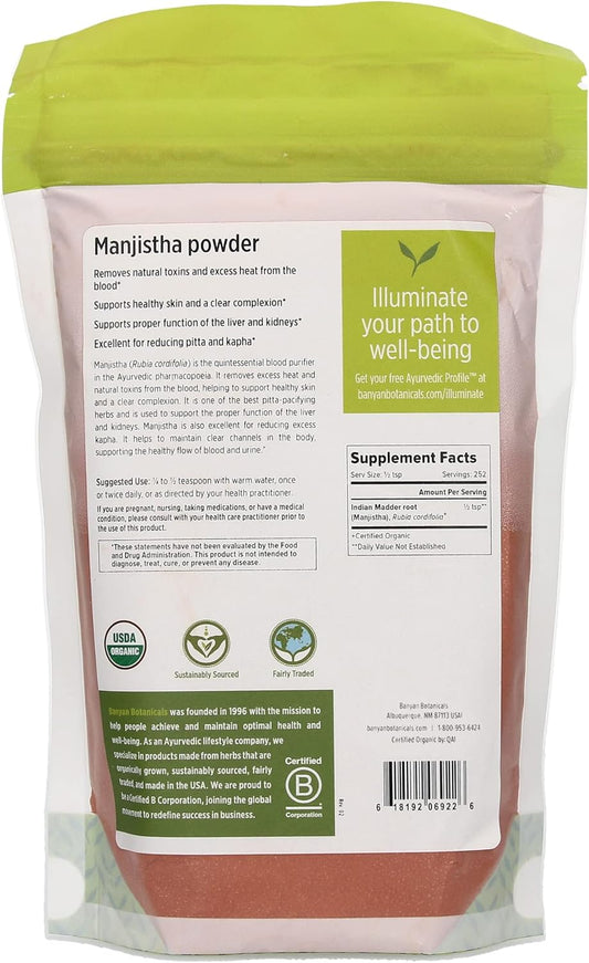 Banyan Botanicals Manjistha Powder, 1/2  - USDA Organic - Rubia cordifolia - Cleanses The Blood & Lymph - Ayurveda