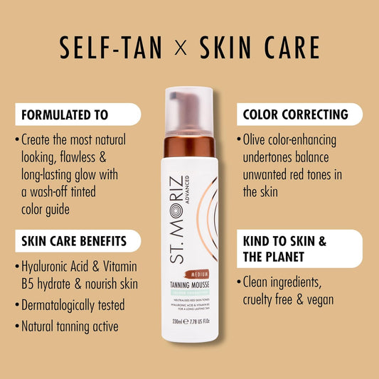 St Moriz Advanced Colour Correcting Tanning Mousse In Medium | With Hyaluronic Acid, Vitamin B5 & Advanced Skin Care Benefits | Neutralises Red Tones | Fast-Drying Vegan Fake Tan Mousse | 200Ml