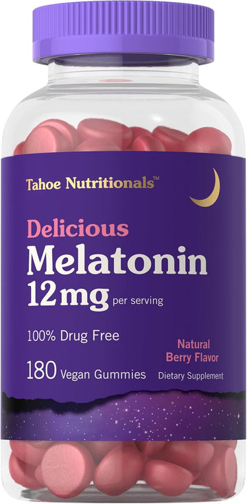 Tahoe Nutritionals Melatonin Gummies 12Mg | 180 Count | Berry Flavor | Drug Free Supplement | Vegan, Non-Gmo, Gluten Free