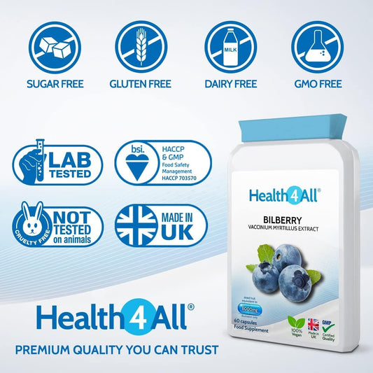 Health4All Bilberry Extract 8,000Mg Per Capsule, 60 Capsules 2 Months Supply, Pure High Strength Bilberry Eye Supplement, Antioxidant For Eye Health With Anthocyanidins, Easy To Swallow | Made In Uk
