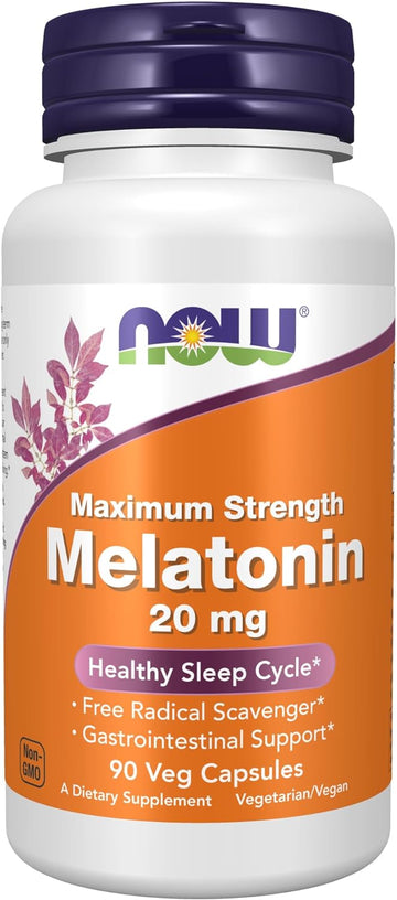 NOW Supplements, Maximum Strength Melatonin 20 mg, Healthy Sleep Cycle*, Free Radical Scavenger*, Gastrointestinal Support*, 90 Veg Capsules