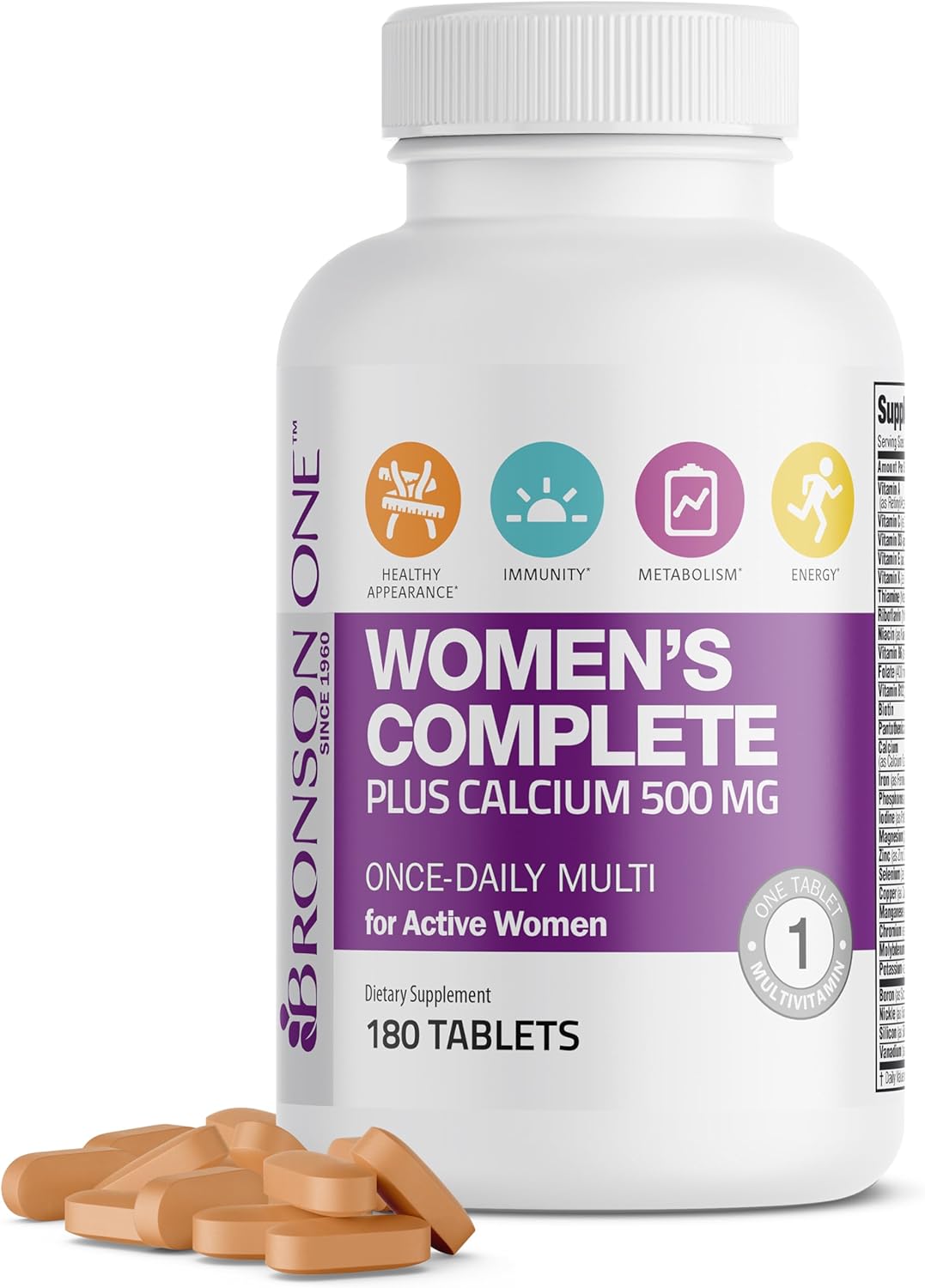 Bronson One Daily Women’S Complete Multivitamin Multimineral Once-Daily Multi For Active Women, 180 Tablets