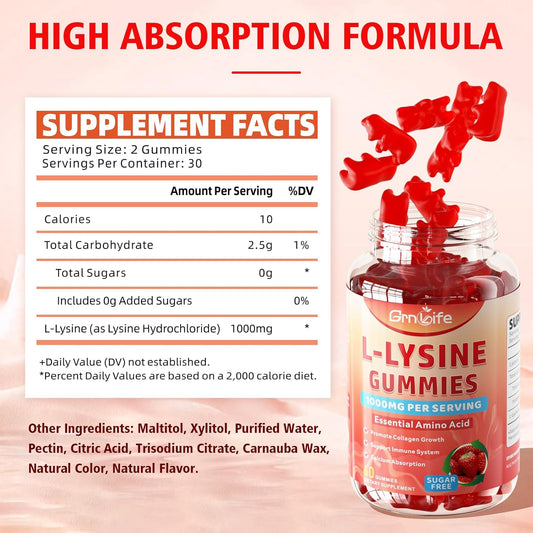L-Lysine 1000Mg Gummies, Chewable Lysine Supplement For Adults & Kids, Essential Amino Acid Supplement For Immune Support, Collagen Formation Support, Strawberry, 60 Count