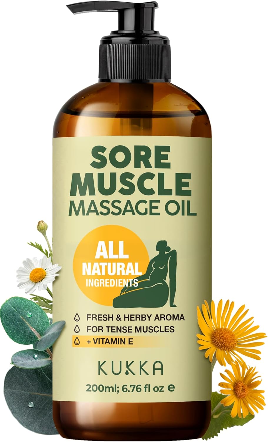 Sore Muscle Massage Oil 6.76 Oz - Massage Oil For Massage Therapy - 100% Natural Relaxing Body Oil For Pain Relief Women & Men - Eucalyptus Roman Chamomile Blended - Spa Quality & Light Weight