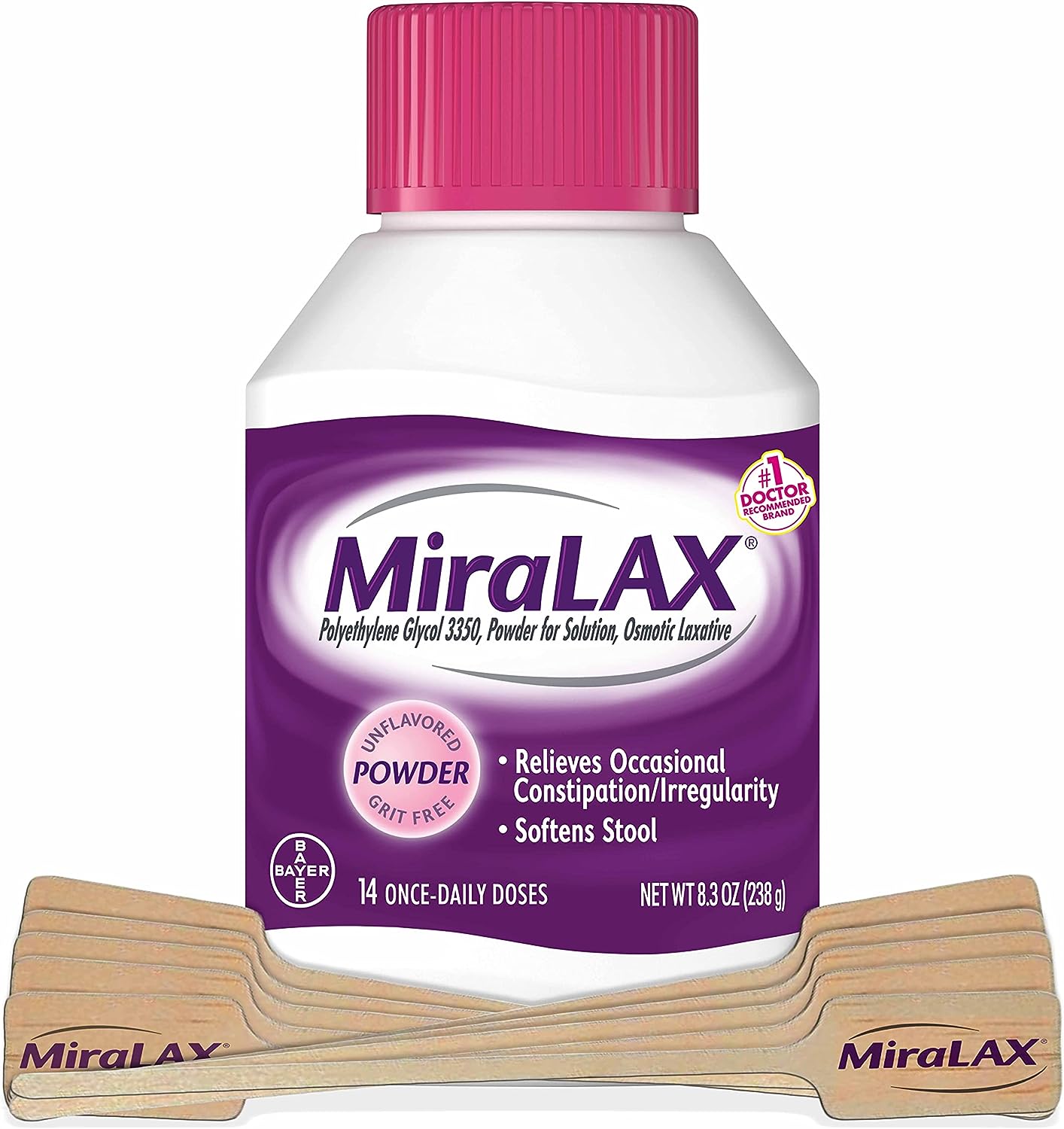 MiraLAX Gentle Constipation Relief Laxative Powder with Stirrer, Stool Softener with PEG 3350, No Harsh Side Effects, Osmotic Laxative, #1 Physician Recommended, 14 Dose