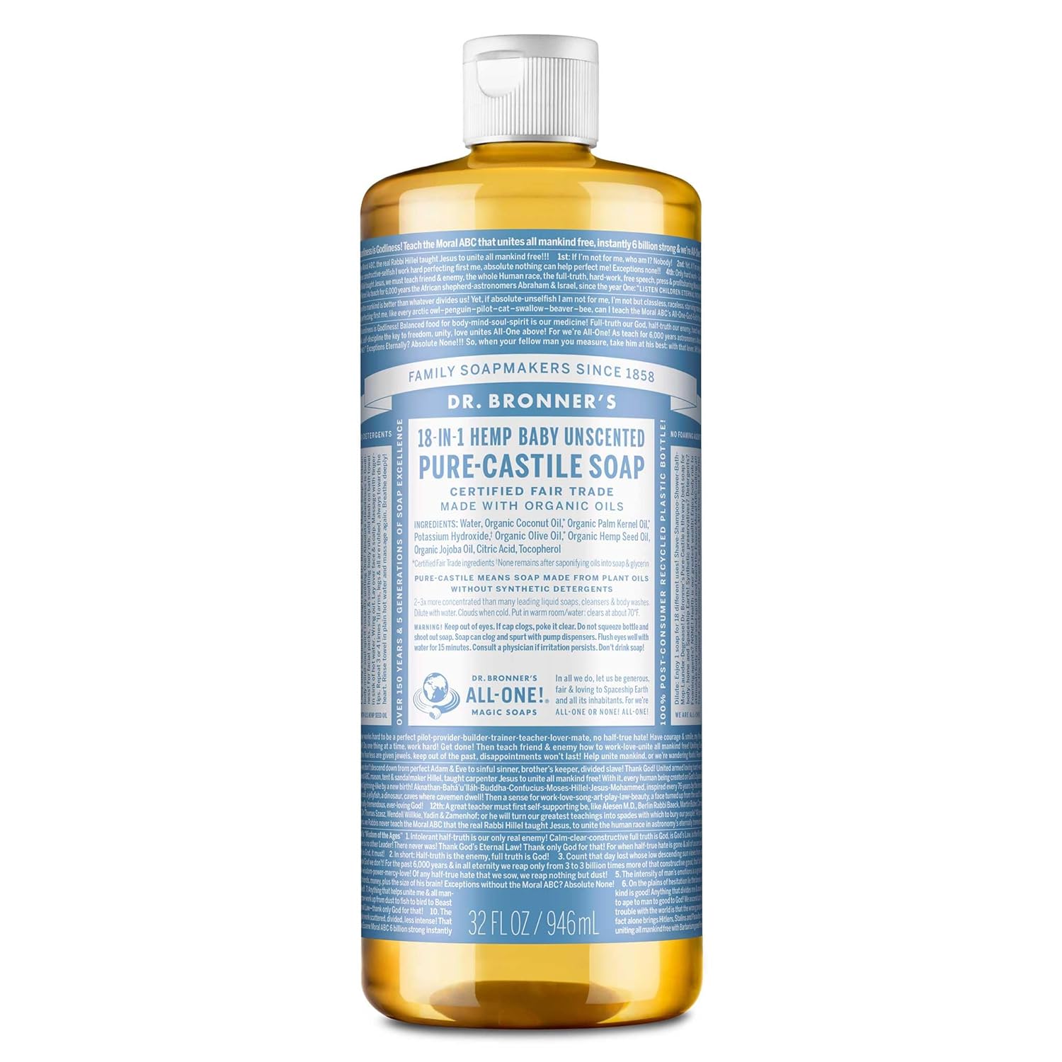 Dr. Bronner'S Pure Castile Liquid Soap - Made With Regenerative Organic Certified Oils - 18-In-1 Uses For Face, Body, Hand - Gentle On Baby & Sensitive Skin - All Natural Body Wash - Unscented,32Oz