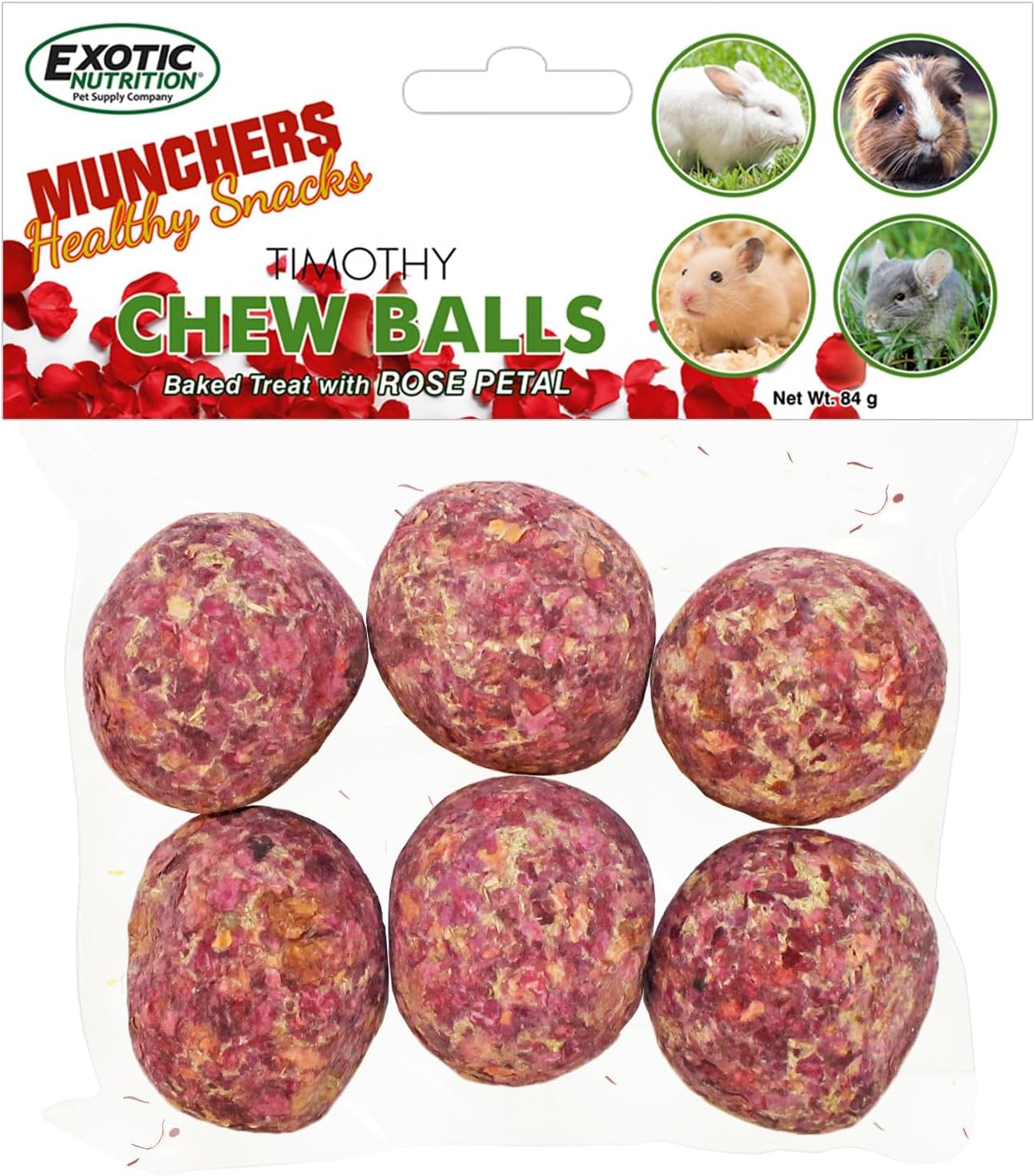 Munchers Rose Petals & Timothy Chew Balls - Healthy Natural Hay & Flower Chew Treat - Guinea Pigs, Hamsters, Rabbits, Degus, Prairie Dogs, Chinchillas, Squirrels, Opossums, Rats, Gerbils & Small Pets