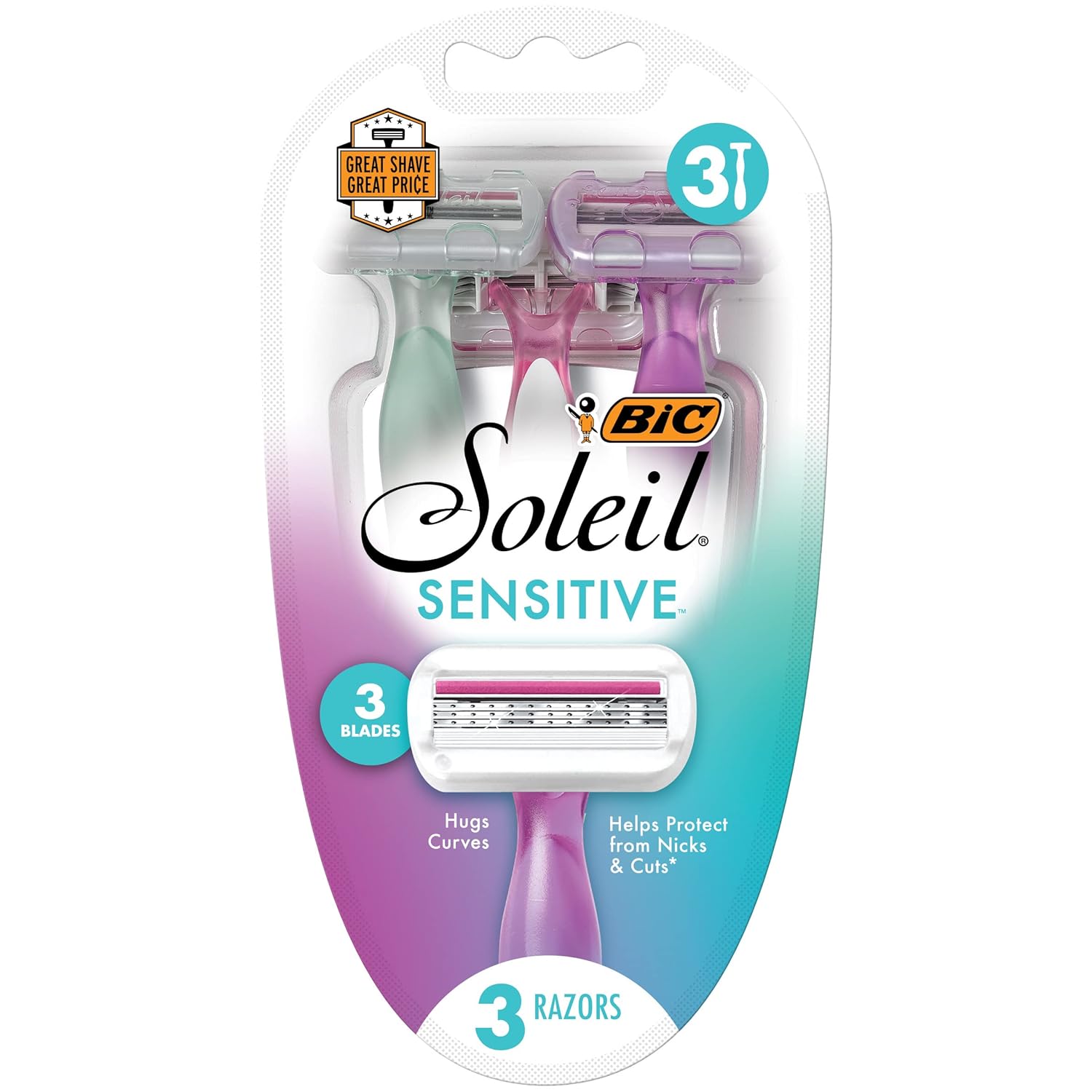 BIC Soleil Sensitive Women's Disposable Razors, 3 Blades With Moisture Strip For a Silky Smooth Shave, 6 Piece Razor Set, 3 Count (Pack of 2)