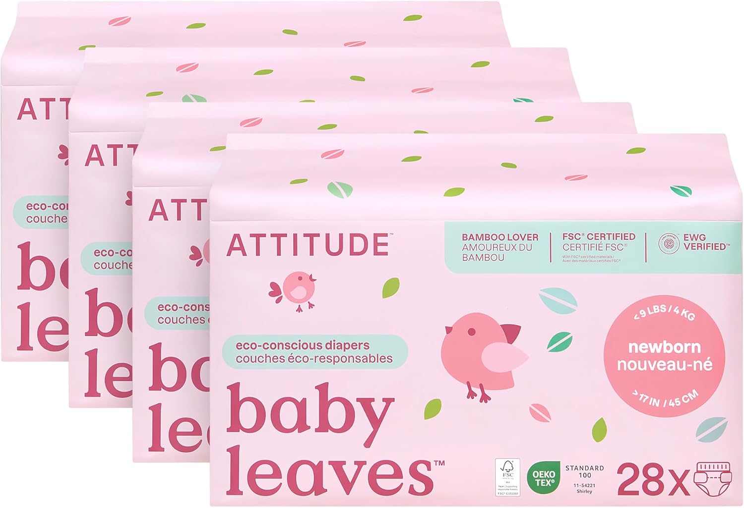 Attitude Eco-Conscious Disposable Diapers, Ewg Verified, Size 1/Newborn (< 9 Lbs), Ultra Absorbent For Baby, Vegan & Plant-Based, 28 Count (Pack Of 4)