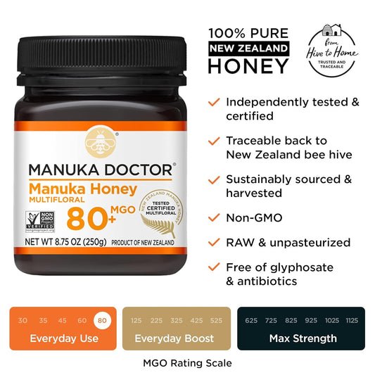 Manuka Doctor - Manuka Honey Mgo 80+ Multifloral & Mgo 125+ Monofloral Value Bundle, 100% Pure New Zealand Honey. Certified. Guaranteed. Raw. Non-Gmo, 2 X 8.75Oz Pots