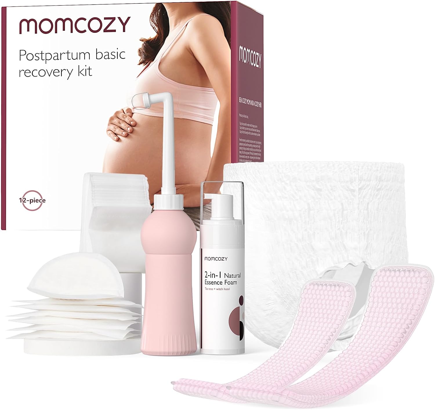 Momcozy Postpartum Recovery Essentials Kit, Labor Delivery Mom Care Kit, Self-Absorbent Disposable Underwear Nipple Nursing Pads Upside Down Peri Bottle Cold Pads Cooling Foam Canvas Bag Set