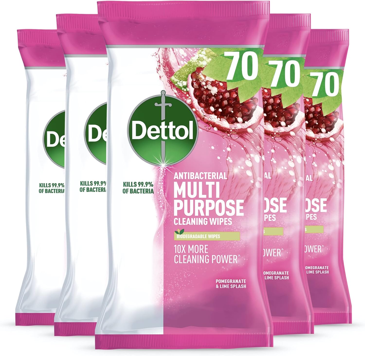 Dettol Antibacterial Multipurpose Disinfectant Wipes, Pomegranate Scent, 5 Pack Of 70 (Total 350), Germ Protection, Surface Cleaner, Hygienic, Convenient, Fresh Fragrance