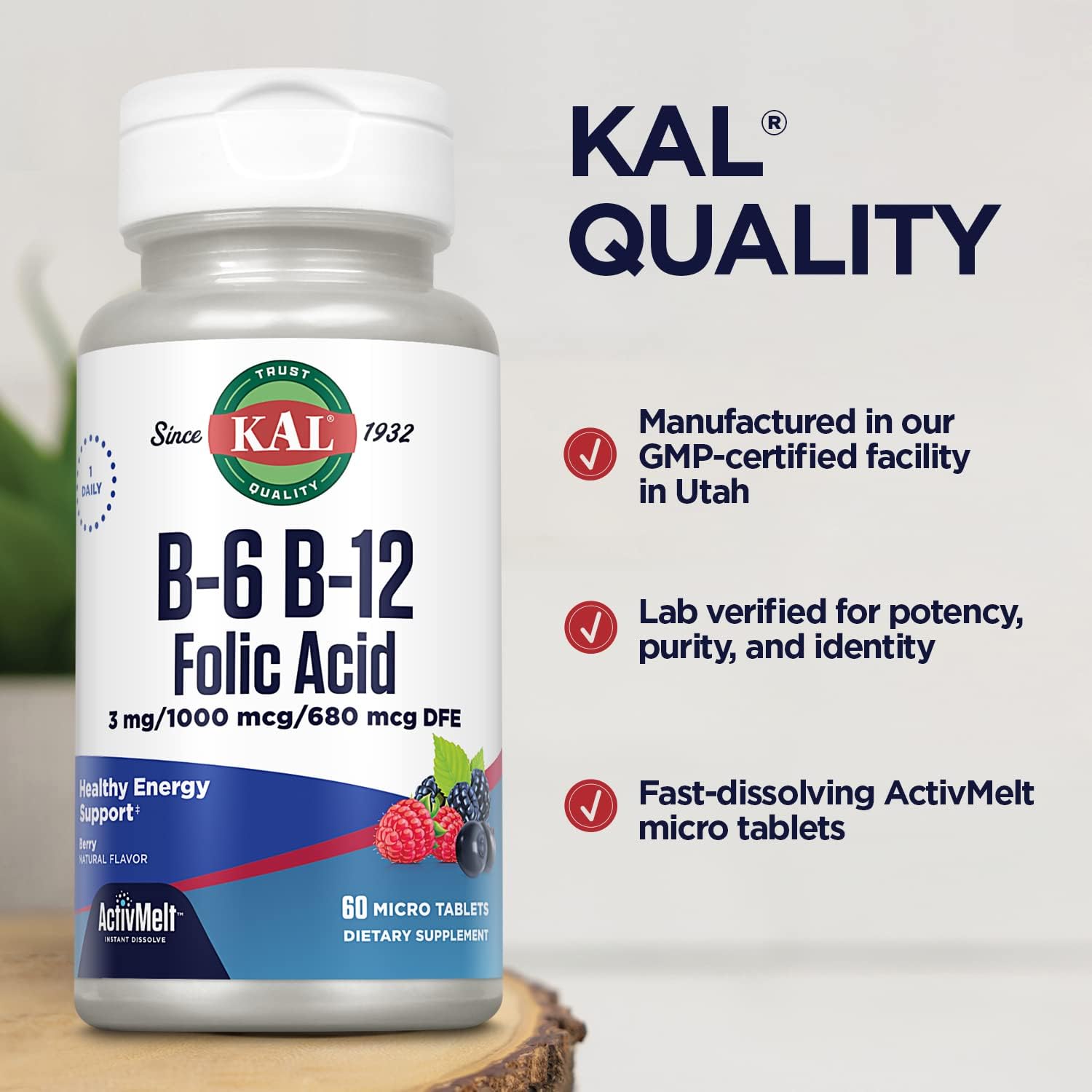 KAL Vitamin B-6, B-12 & Folic Acid Supplement, Heart Health, Energy & Red Blood Cell Support*, with Vitamin B12 Methylcobalamin & Folate, Natural Berry Flavor, 60 Servings, 60 ActivMelt Micro Tablets : Health & Household