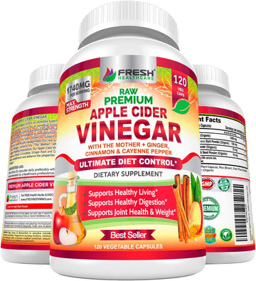 Apple Cider Vinegar Capsules Max 1740Mg With Mother - 100% Natural & Raw With Cinnamon, Ginger & Cayenne Pepper - Ideal For Healthy Living, Detox & Digestion -120 Vegan Pills