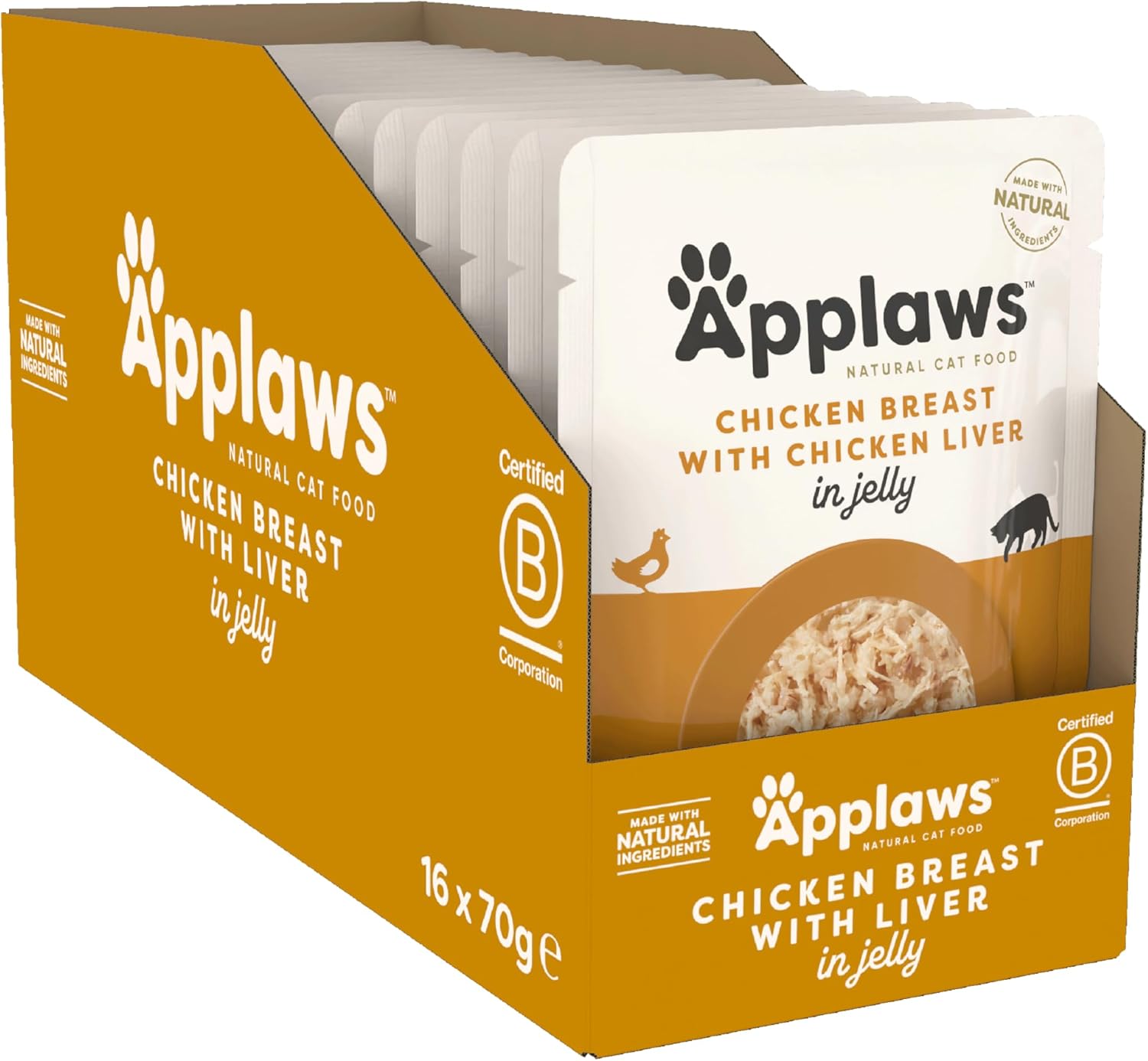 Applaws Natural Wet Adult Cat Food, Chicken with Chicken Liver in Jelly, 70g Pouch (Pack of 16 Pouches)?8251ML-A