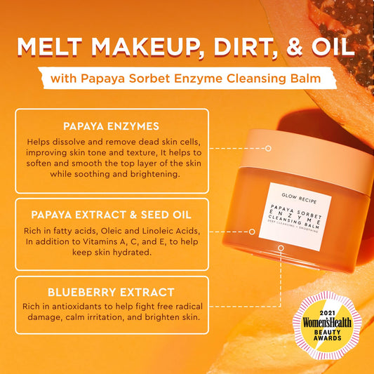 Glow Recipe Papaya Enzyme Cleansing Balm Makeup Remover - Gentle Exfoliator, Makeup Melting Balm & Face Cleanser For Women - Exfoliating Face Wash To Even Skin Tone & Lock-In Facial Hydration (3.38Oz)