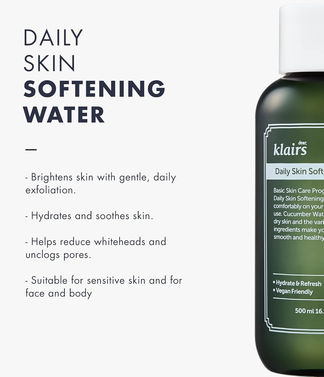 [Dearklairs] Daily Skin Softening Water, Toner, Jumbo 16.90 Fl Oz, Skin Refining Cucumber Essence, Daily Mild Exfoliator : Beauty & Personal Care
