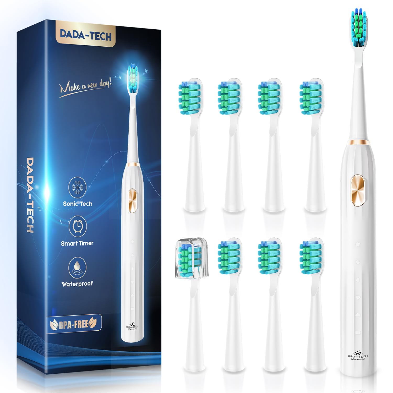 DADA-TECH Electric Toothbrush for Adults with 90% Rounded Bristles, Sonic Toothbrush Rechargeable with 5 Cleaning Modes, 2-Minute Timer and 9 Replacement Reminder Brush Heads (White)