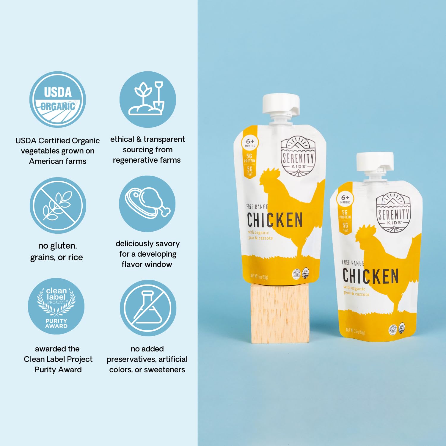 Serenity Kids 6+ Months Baby Food Pouches Puree Made With Ethically Sourced Meats & Organic Veggies | 3.5 Ounce BPA-Free Pouch | Free Range Chicken, Pea, Carrot | 6 Count : Baby