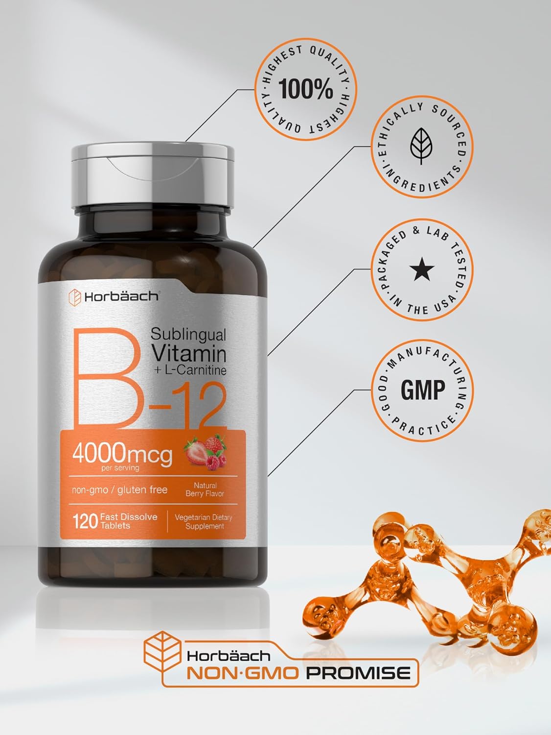 B-12 4000mcg + L-Carnitine | 120 Tablets | Vegetarian, Non-GMO & Gluten Free Sublingual Vitamin | by Horbaach : Health & Household