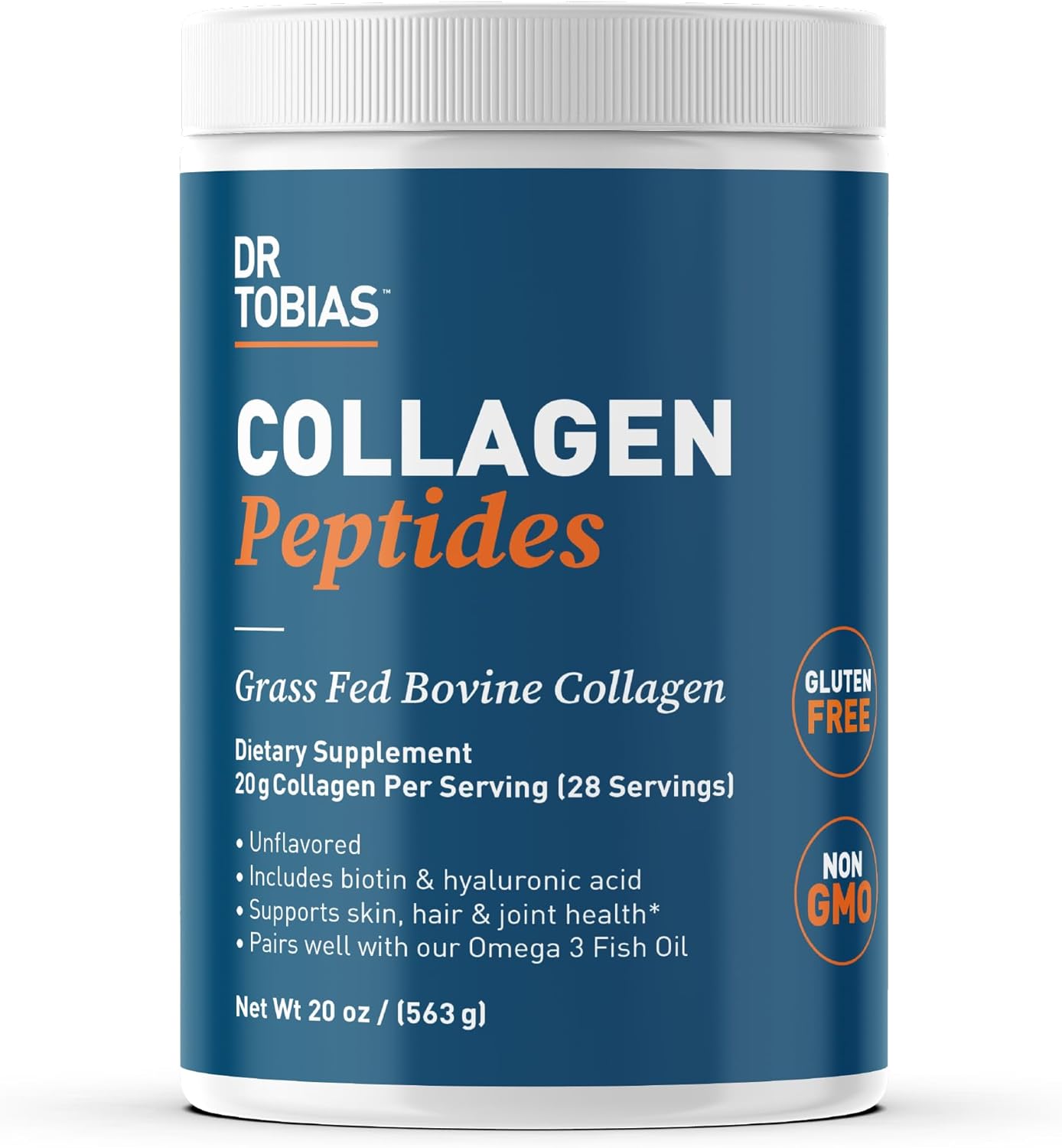 Dr. Tobias Collagen Peptides Powder, Grass Fed Bovine Collagen Powder Type I & Iii, Promotes Hair, Nail, Skin Health And Beauty, Supports Bone And Joint Health, Unflavored, 20 Oz, 28 Servings