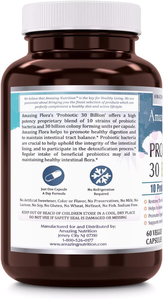 Amazing Flora Probiotic 10 Best Probiotics Strains | 30 Billion | 60 Veggie Capsules Supplement | Non-Gmo | Gluten Free | Suitable For Vegetarians | Made In Usa