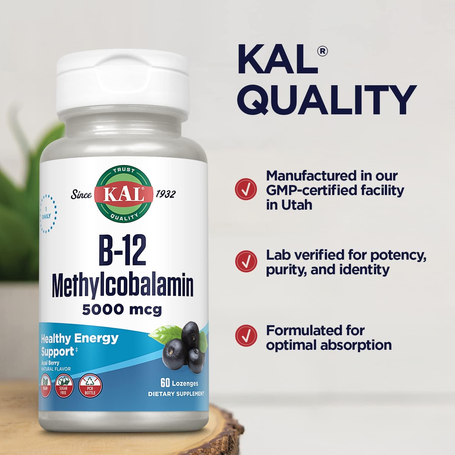 KAL Vitamin B-12 Methylcobalamin Lozenges 5000mcg, Healthy Energy, Metabolism, Nerve & Red Blood Cell Support,* Optimal Absorption, Natural Acai Flavor, Vegan, Sugar Free, 60 Servings, 60 Lozenges : Health & Household