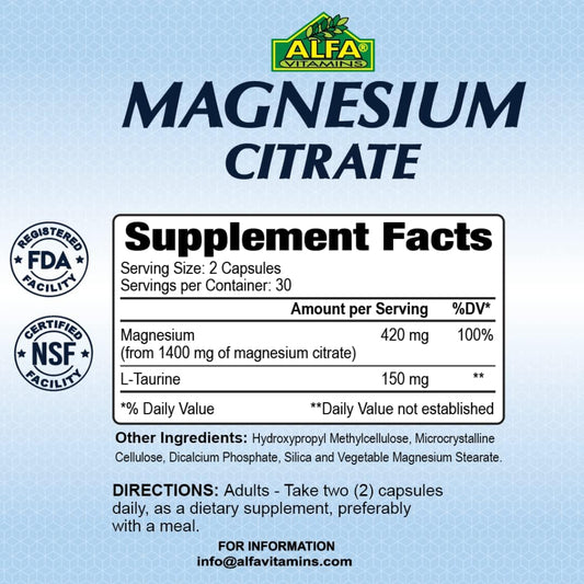 Magnesium Citrate 1400 mg by Alfa Vitamins - Supports Nerve & Muscle Function - Helps Energy Production - 60 Capsules