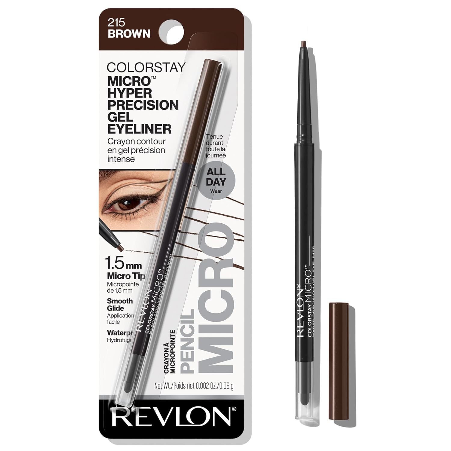 Revlon Gel Eyeliner, Colorstay Micro Hyper Precision Eye Makeup With Built-In Smudger, Waterproof, Longwearing With Micro Precision Tip, 215 Brown, 0.002 Oz