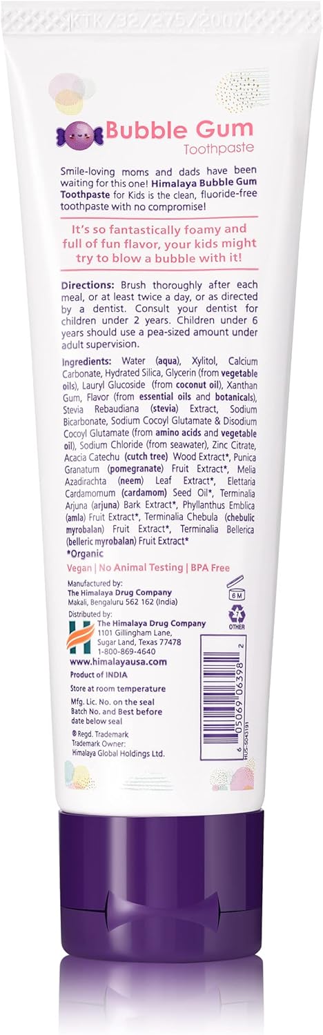 Himalaya Botanique Kids Toothpaste, Herbal, Bubble Gum Flavor, Fights Plaque, Fluoride Free, Gentle, No Artificial Flavors Or Colors, Sls Free, Gluten Free, Cruelty Free, Vegan, Foaming, 4 Oz, 2 Pack