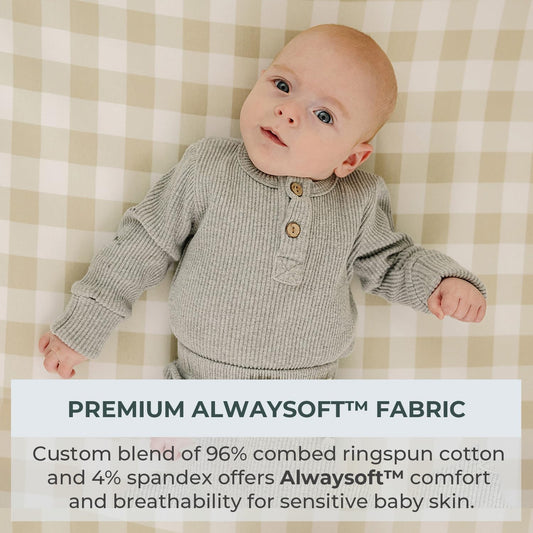 Pobibaby - 2 Pack Premium Pack N Play Sheets Fitted For Standard Pack And Plays And Mini Cribs - Ultra-Soft Jersey Knit, Stylish Floral Pattern, Safe And Snug For Baby (Gingham Khaki)