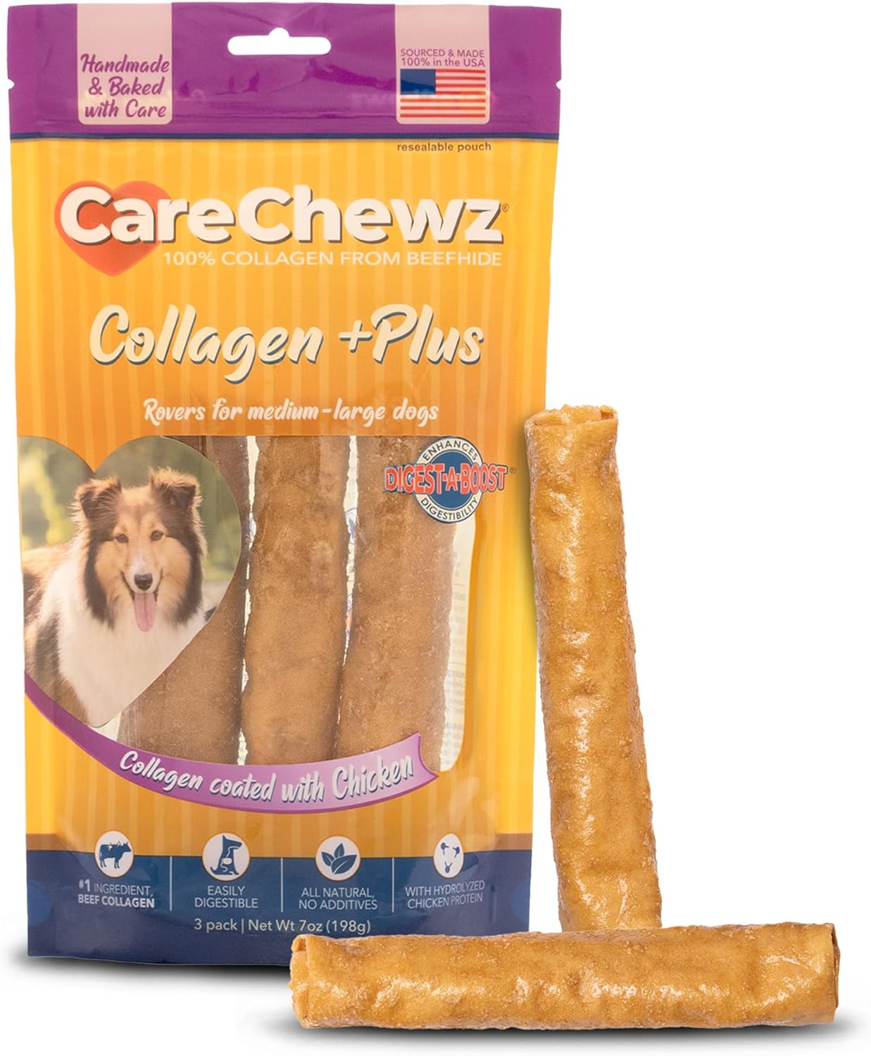 Pet Factory Carechewz Collagen +Plus 9" Rovers Dog Chew Treats - Chicken Flavor, 3 Count/1 Pack