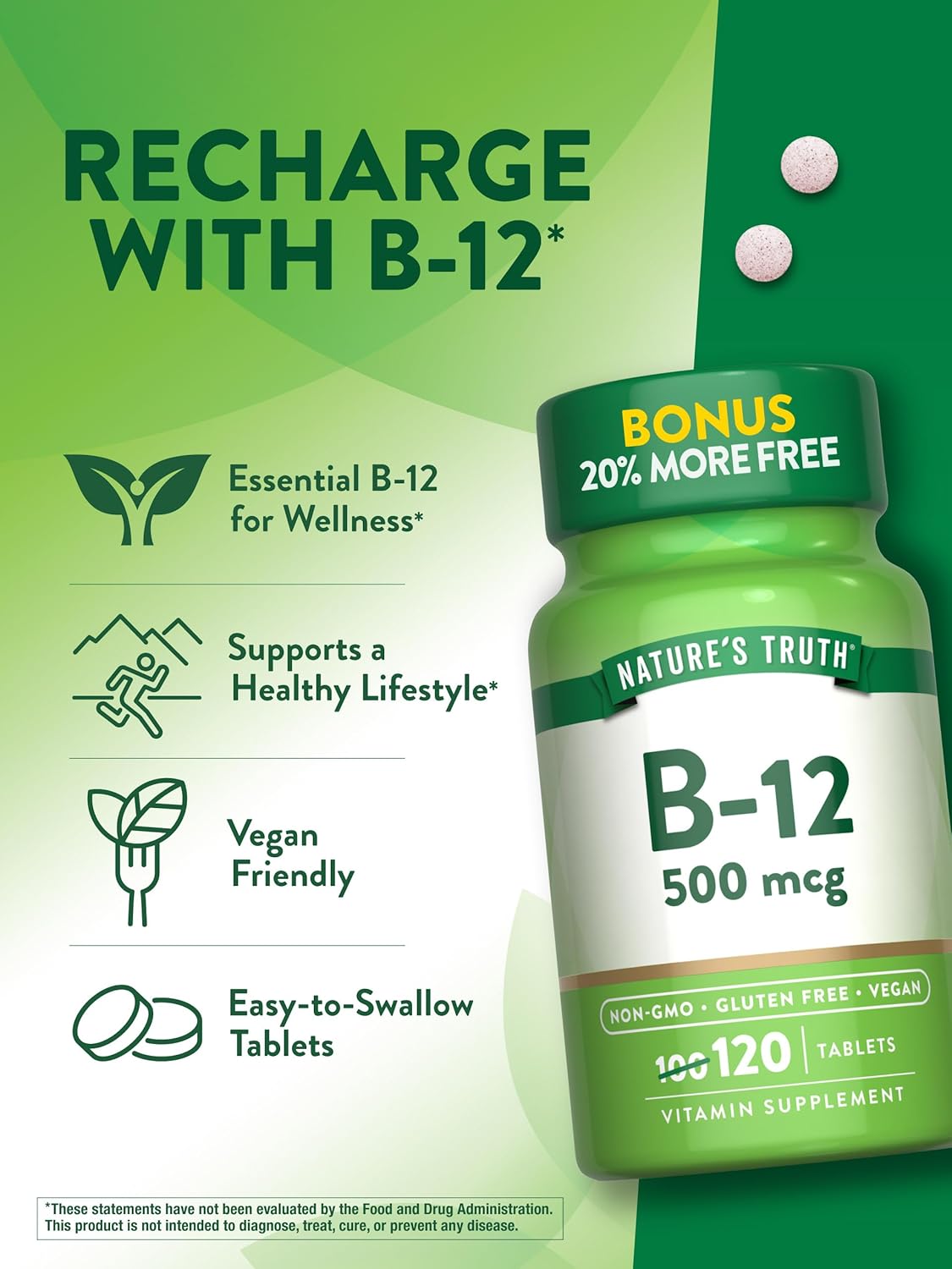 Nature's Truth B12 Vitamin | 500 mcg | 120 Tablets | Vegetarian, Non-GMO & Gluten Free Supplement