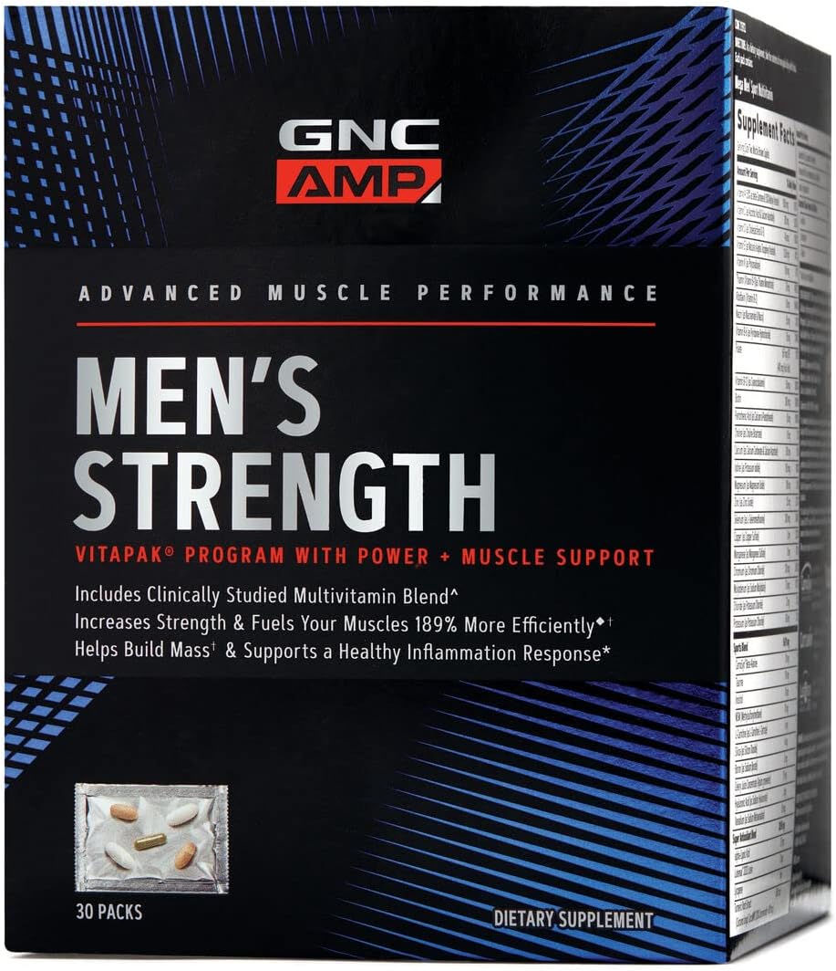 Gnc Amp Men'S Strength Vitapak | 3-Step Program | Increases Strength And Builds Muscle Mass Efficiently | Added 1,250 Mg Peg Creatine | Daily Vitamin Supplement | 30 Count