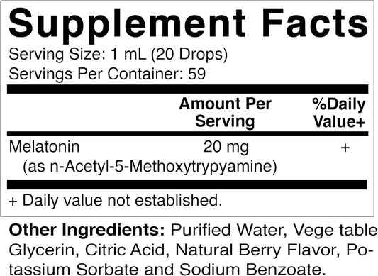 Vitamatic 2 Packs Melatonin 20mg Liquid Drops - 2 Fluid Ounce (59ml) - Natural Berry Flavor - for Adults - Non-GMO - Vegetarian Supplement