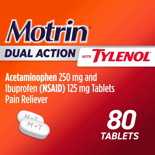 Motrin Dual Action With Tylenol, Dual Action Pain Reliever With Ibuprofen & Acetaminophen, Two Medicines For Minor Aches & Pains, Ibuprofen (Nsaid) 125 Mg & Acetaminophen 250 Mg, 80 Ct