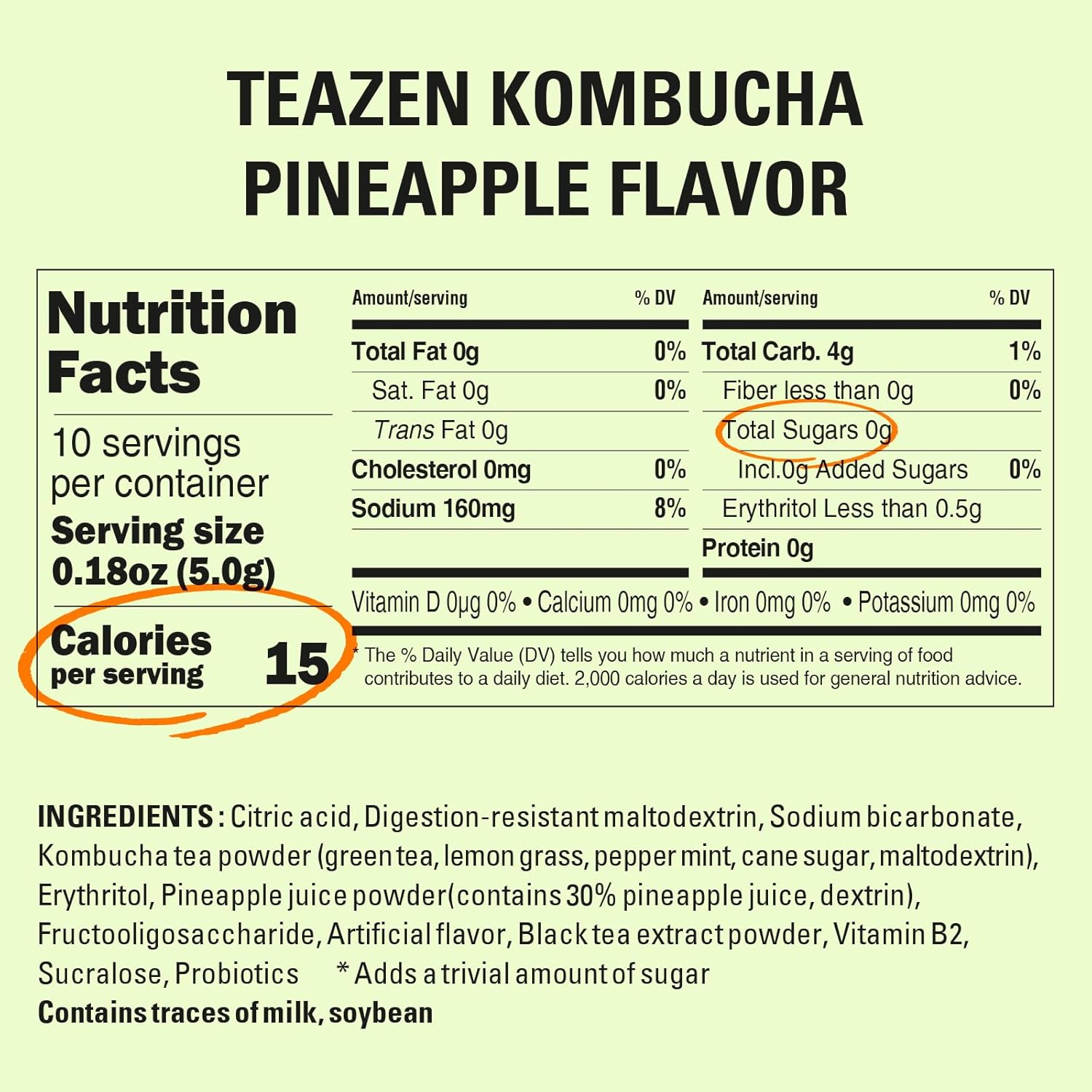 Teazen Pineapple Kombucha Tea, Hydration Drink Mix, Sugar Free, Live Probiotics & Prebiotics, 10 Sticks, 1.76Oz