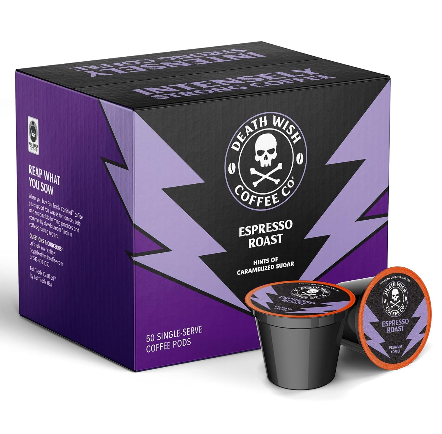 Death Wish Coffee Co. Espresso Roast Single Serve Coffee Pods - Extra Kick Of Caffeine - Fair Trade And Organic Coffee (50 Count)