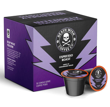 Death Wish Coffee Co. Espresso Roast Single Serve Coffee Pods - Extra Kick of Caffeine - Fair Trade and Organic Coffee (50 Count)