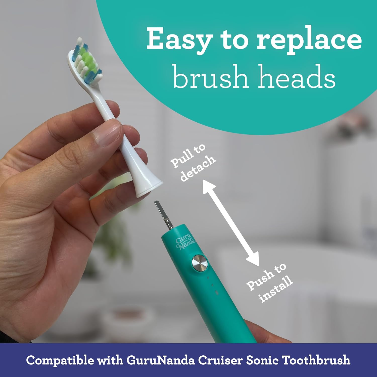 GuruNanda Cruiser Sonic Toothbrush with 8 Brush Heads, 1 Brush Cap, 1 USB Cable - 2 Modes, 2-Minute Timer & More Than 30,000 Vibrations, Teal : Health & Household